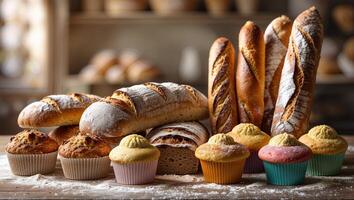 Freshly baked bread and colorful cupcakes arranged on a wooden table in a cozy bakery setting during the morning hours photo