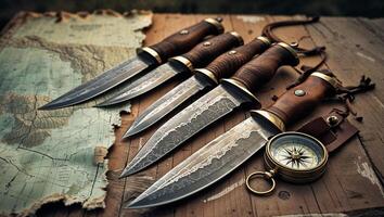 Fine collection of handcrafted knives arranged neatly on a rustic wooden table with a vintage compass and a faded map photo