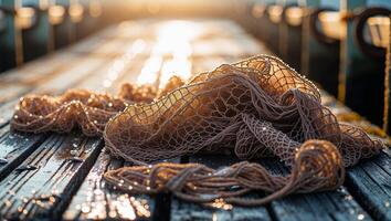 Sunlight glimmers on a wet fishing net resting on a wooden dock at dawn near the water photo