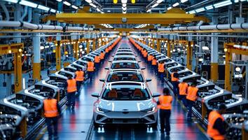 Automobile assembly line showcasing workers assembling vehicles in a modern factory setting photo