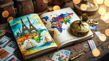 Travel planning with a colorful map, compass, passport, and postcards on a rustic wooden table photo
