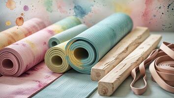 Colorful yoga mats and natural props arranged artistically in a serene setting photo