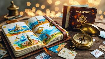 Discovering the world through travel journals and tools in a cozy setting with warm lights photo