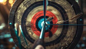 Archery practice session with arrows hitting target in indoor range photo