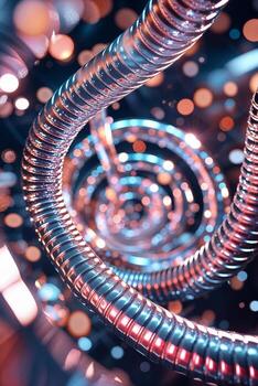 Intricate spiral of glowing metallic coils creating a futuristic visual effect in a dark setting photo