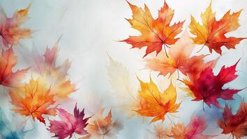 Colorful autumn leaves gently falling against a soft pastel background in a serene setting photo