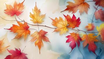 Colorful autumn leaves with vibrant hues of orange, yellow, and red against a soft background of blue and cream photo