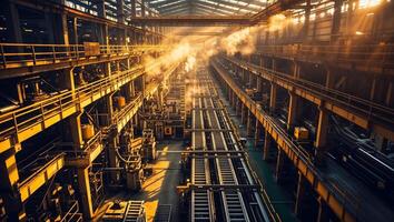 Industrial facility illuminated by sunlight with machinery and steam in motion during late afternoon hours photo