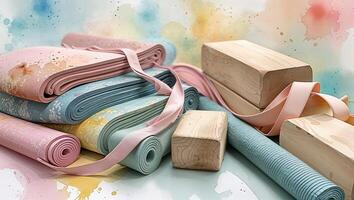 Yoga mats and blocks arranged artistically with a colorful background at a serene outdoor setting photo