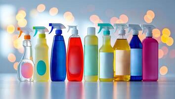 Colorful array of cleaning products displayed on a table with blurred lights in the background photo