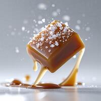 Delicious caramel cube melting with a sprinkle of sea salt on a gray surface photo
