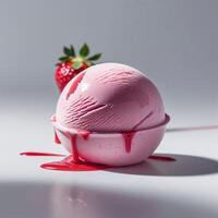 Delicious pink ice cream dripping from a bowl with fresh strawberries on a white background in a bright kitchen setting photo