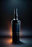Elegant black bottle with leather wrap displayed in a dimly lit environment highlighting craftsmanship and design features photo