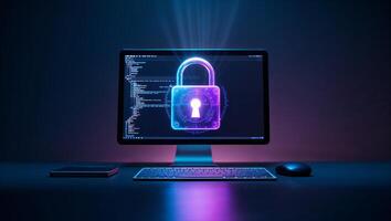 Computer screen displaying digital lock symbolizing cybersecurity with coding background in a dark setting photo