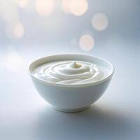 Creamy texture of yogurt presented in a simple white bowl against a soft blurred background photo