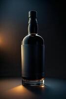 Dark and elegant whiskey bottle illuminated by soft lighting on a simple backdrop photo