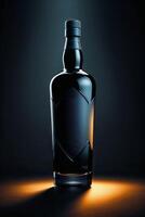 Elegant black bottle of liquor is spotlighted showcasing its design against a dark background photo