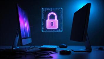 Digital lock symbol glowing between two computer monitors in a dark cyber environment focused on security photo