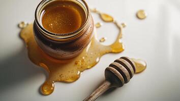 Honey jar spills golden liquid on a white surface with a wooden dipper beside it photo