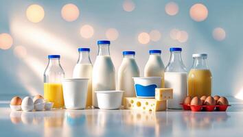 Various dairy products arranged on a countertop with soft lighting and blurred background photo