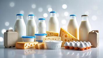 Dairy products arranged on a table with a soft blurred background creating a fresh and inviting atmosphere photo