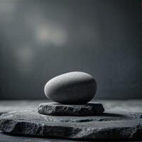 Unique gray stone balanced on rough surface in a minimalist setting during soft lighting photo