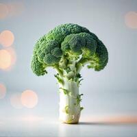 Fresh broccoli stands tall against a softly blurred background captured in a well-lit setting photo