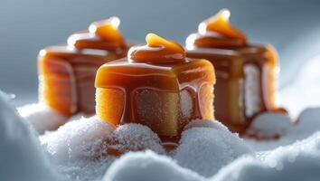 Sweet caramel cubes resting on a bed of soft snow under gentle lighting in a winter setting photo