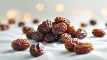 Freshly harvested dates arranged on a soft surface with delicate light reflections in a cozy indoor setting photo