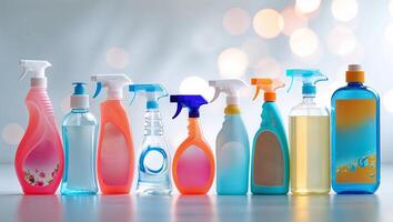 Variety of cleaning spray bottles on a countertop with a blurred background during daytime photo