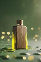 Creative design of a wooden bottle with a glowing yellow liquid on a textured surface with soft bokeh lights photo