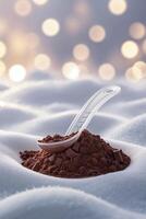 Cocoa powder and chocolate chunks on snow with blurred festive lights in the background photo
