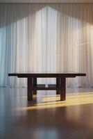 Modern wooden table illuminated by warm sunlight in a minimalist interior space with sheer curtains photo