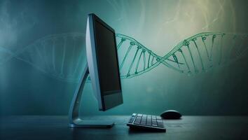 Computer displaying DNA helix symbolizing the intersection of technology and genetics in modern research initiatives photo