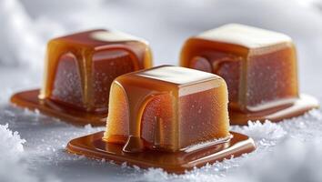 Delicious caramel squares resting on a snowy surface, highlighting a rich texture and glossy finish during a winter event photo