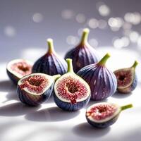 Fresh figs displayed on a reflective surface showcasing their vibrant colors and intricate textures in soft lighting photo