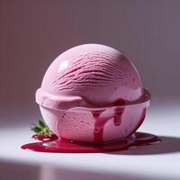 Pink ice cream served in a bowl with strawberry sauce drizzling down the sides in a minimalist setting photo