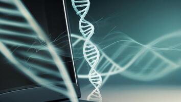 Exploration of genetic research with a laptop displaying a DNA helix in a modern lab environment photo