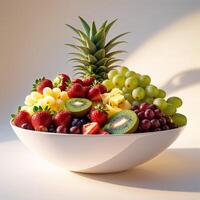 Vibrant fruit bowl featuring fresh strawberries, grapes, pineapple, and kiwi arranged for a colorful display on a sunny day photo