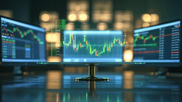 Market analysis with digital charts displayed on multiple screens during a trading session in a modern office environment photo