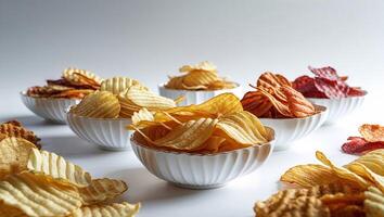 Colorful assortment of potato chips in white bowls on a light background during a snack time setup photo