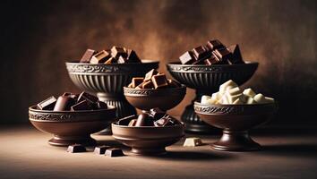 Assorted chocolate pieces displayed in elegant bowls on a textured surface in a warm, candlelit setting photo
