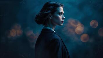Portrait of a woman in profile with a deep blue background and soft glowing lights in the evening photo