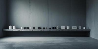 Minimalist display of skincare products arranged neatly on a shelf in an industrial-style room photo