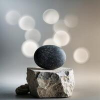 Natural stone sitting on a rugged rock with soft bokeh lighting in the background during a tranquil indoor setting photo