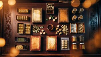 Diverse arrangement of herbs and spices on a wooden table in a well-lit indoor setting photo