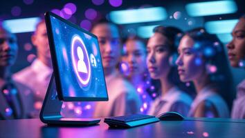 Exploring digital presence in modern technology with a group observing a computer screen at a tech event photo