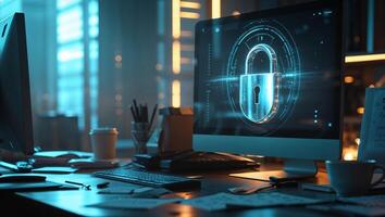 Desk setup with computer displaying digital security lock symbol in a modern office environment during evening hours photo