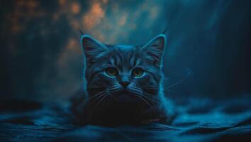 Striking blue-toned portrait of a cat in a mystical environment at twilight photo