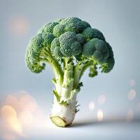 Fresh green broccoli stands upright against a blurred background, showcasing its detailed florets and vibrant color in a simple setting photo